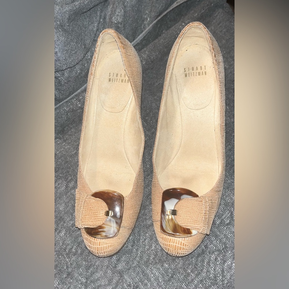 Stuart Weitzman Tan Beige Women Lizard Leather Wedge shoes sz 8.5 - Picture 4 of 13